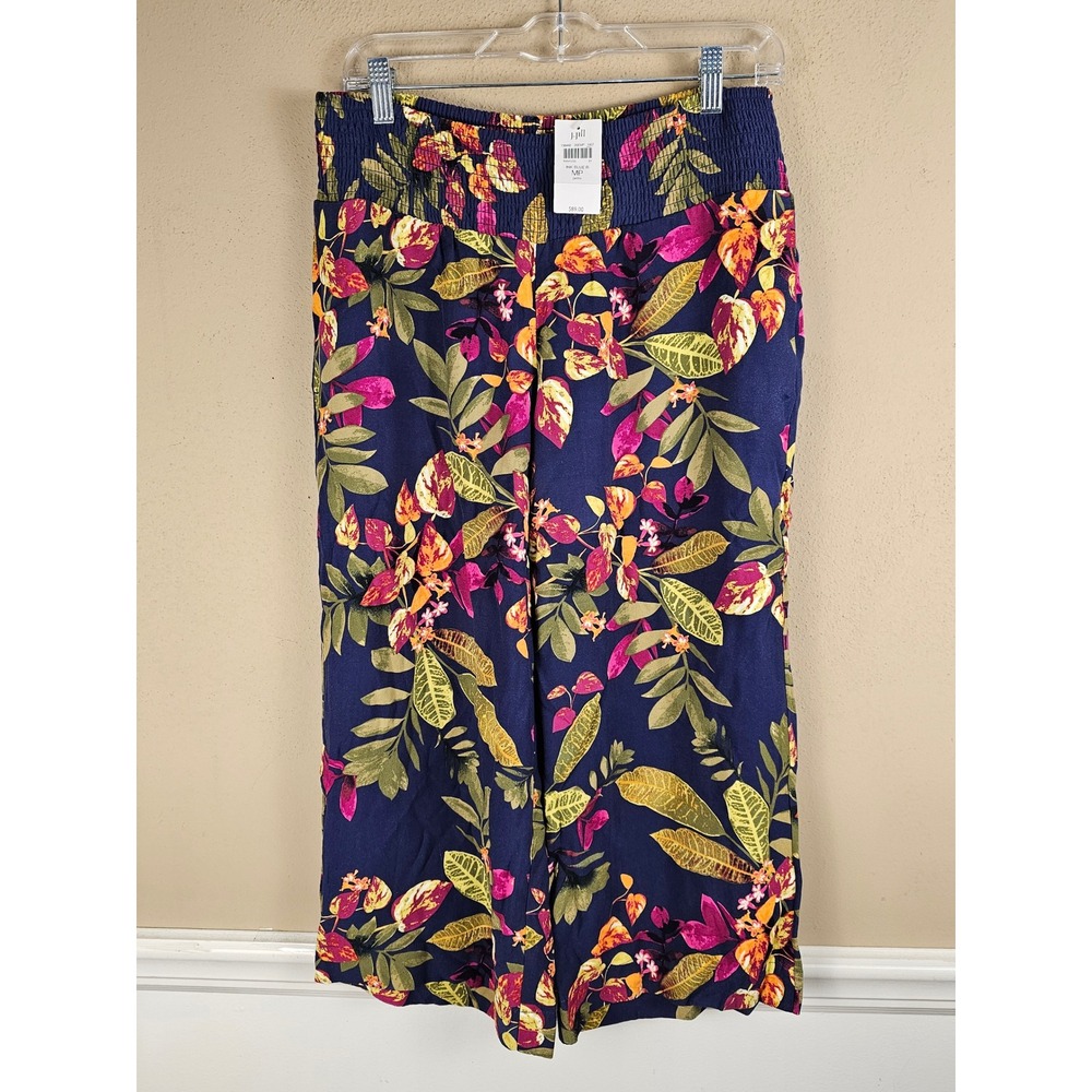 NWT J Jill Womens Ink Blue Floral Wide Leg Crop Pants Medium Petite